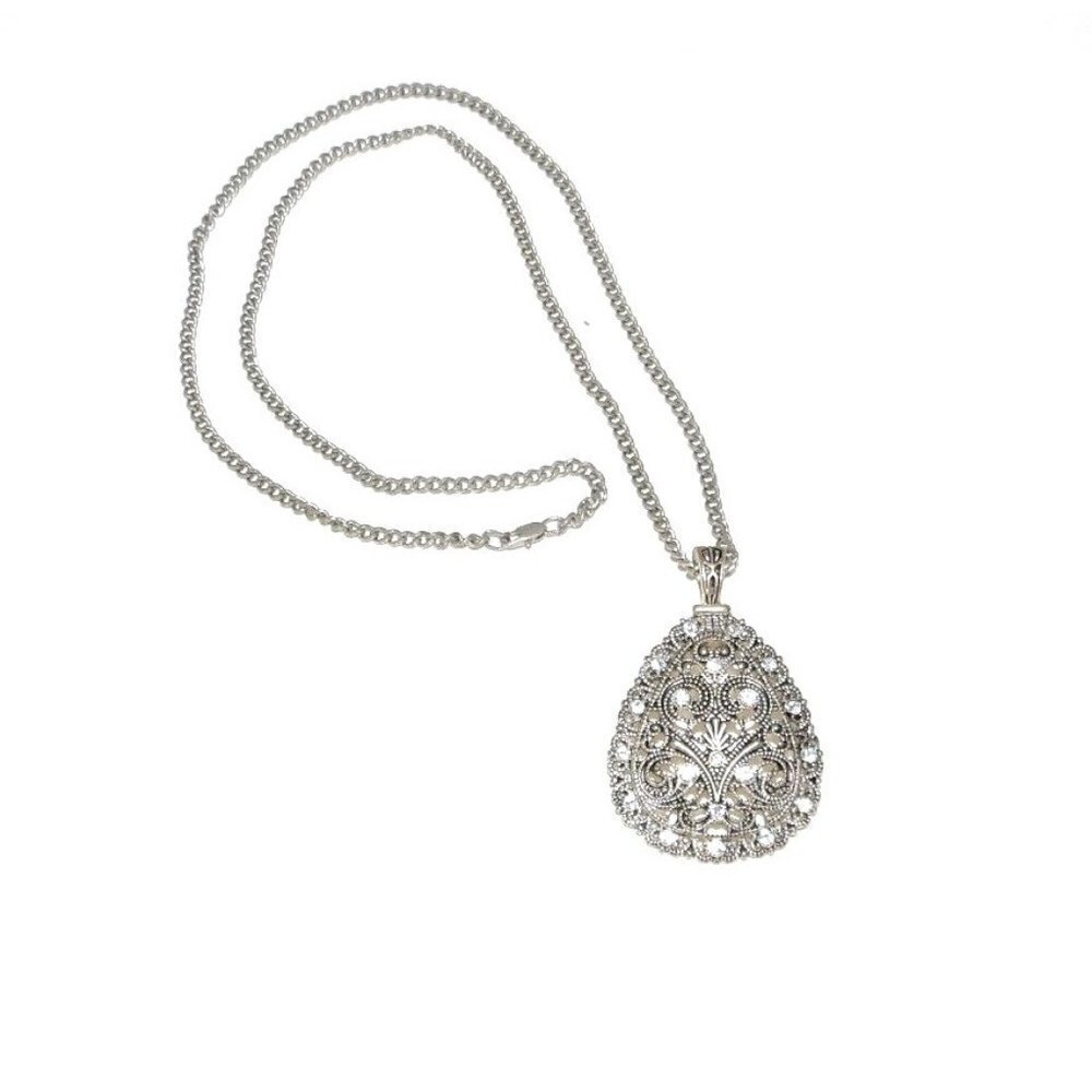 Vintage silver tone with clear stones 2 1/2 X 1 5/8" pendant on heavy 26" chain